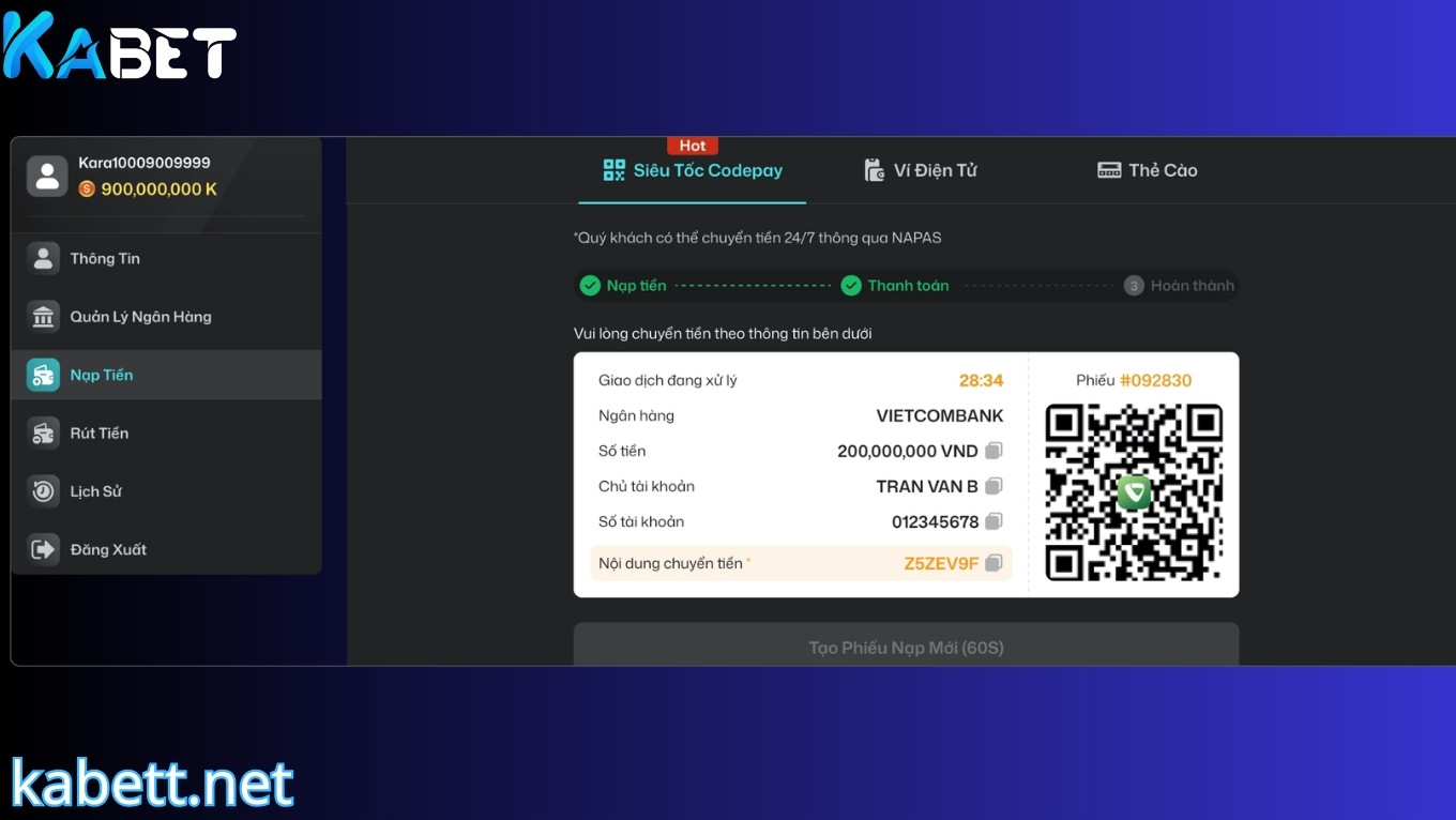 Lấy mã QR để nạp tiền KABET