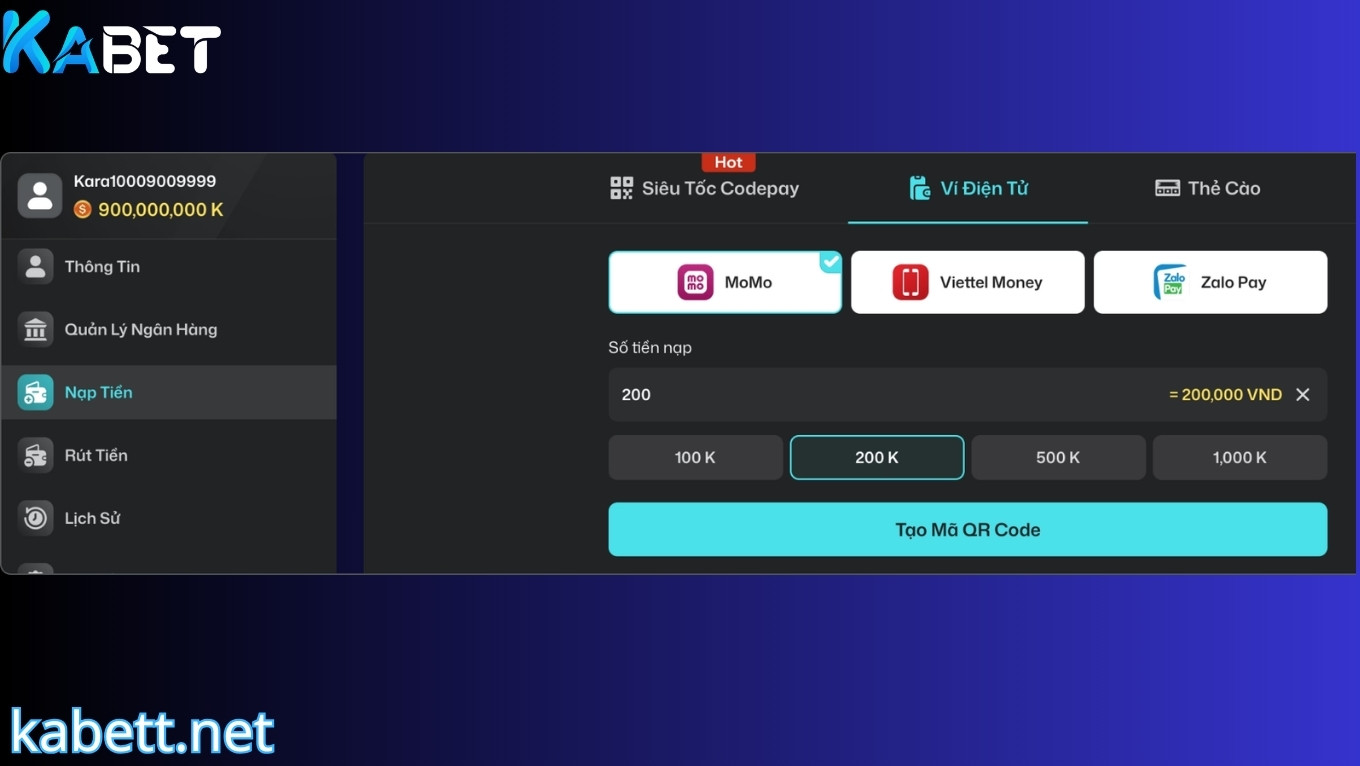 Nạp tiền kABET qua ví điện tử