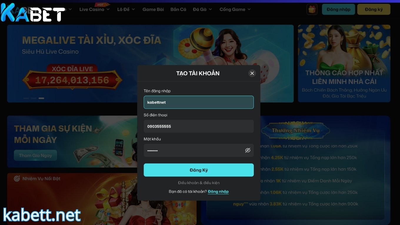 Nhập thông tin đăng ký KABET
